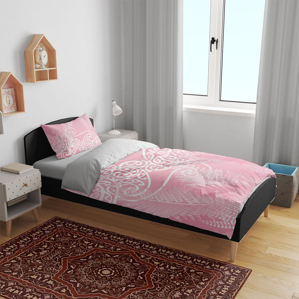 Aotearoa Maori Koru Curves Bedding Set Silver Ferns - Rose Pink