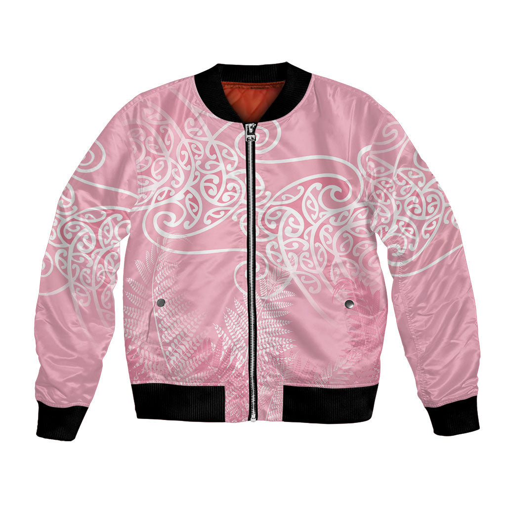 Aotearoa Maori Koru Curves Bomber Jacket Silver Ferns - Rose Pink