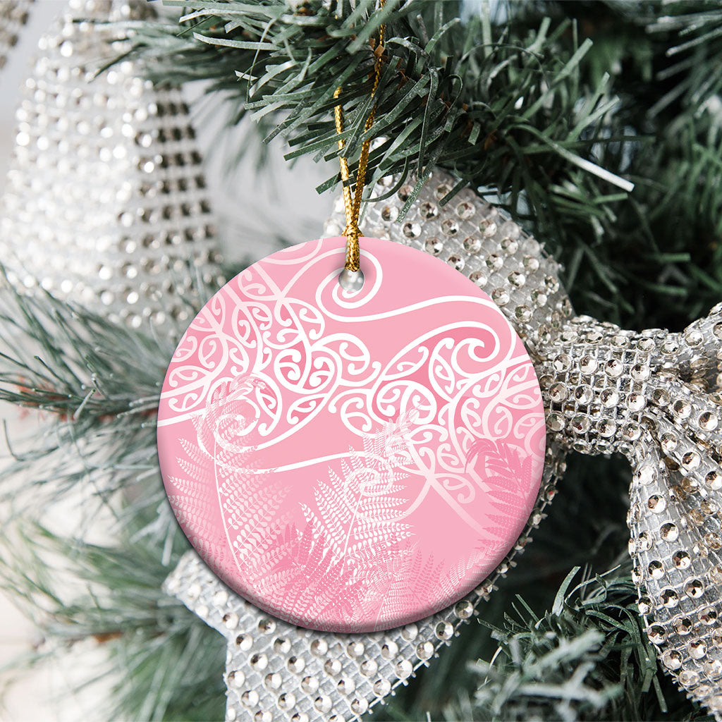 Aotearoa Maori Koru Curves Ceramic Ornament Silver Ferns - Rose Pink LT7 - Polynesian Pride