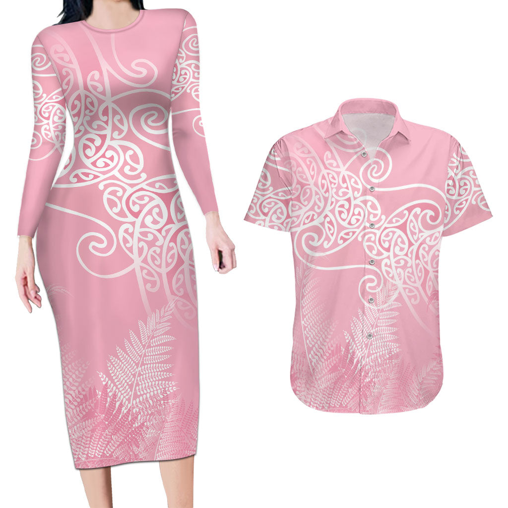 Aotearoa Maori Koru Curves Couples Matching Long Sleeve Bodycon Dress and Hawaiian Shirt Silver Ferns - Rose Pink