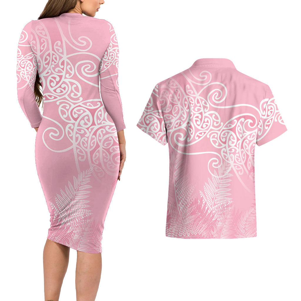 Aotearoa Maori Koru Curves Couples Matching Long Sleeve Bodycon Dress and Hawaiian Shirt Silver Ferns - Rose Pink