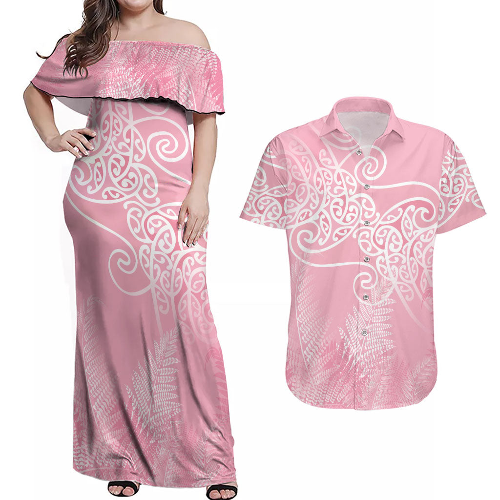 Aotearoa Maori Koru Curves Couples Matching Off Shoulder Maxi Dress and Hawaiian Shirt Silver Ferns - Rose Pink