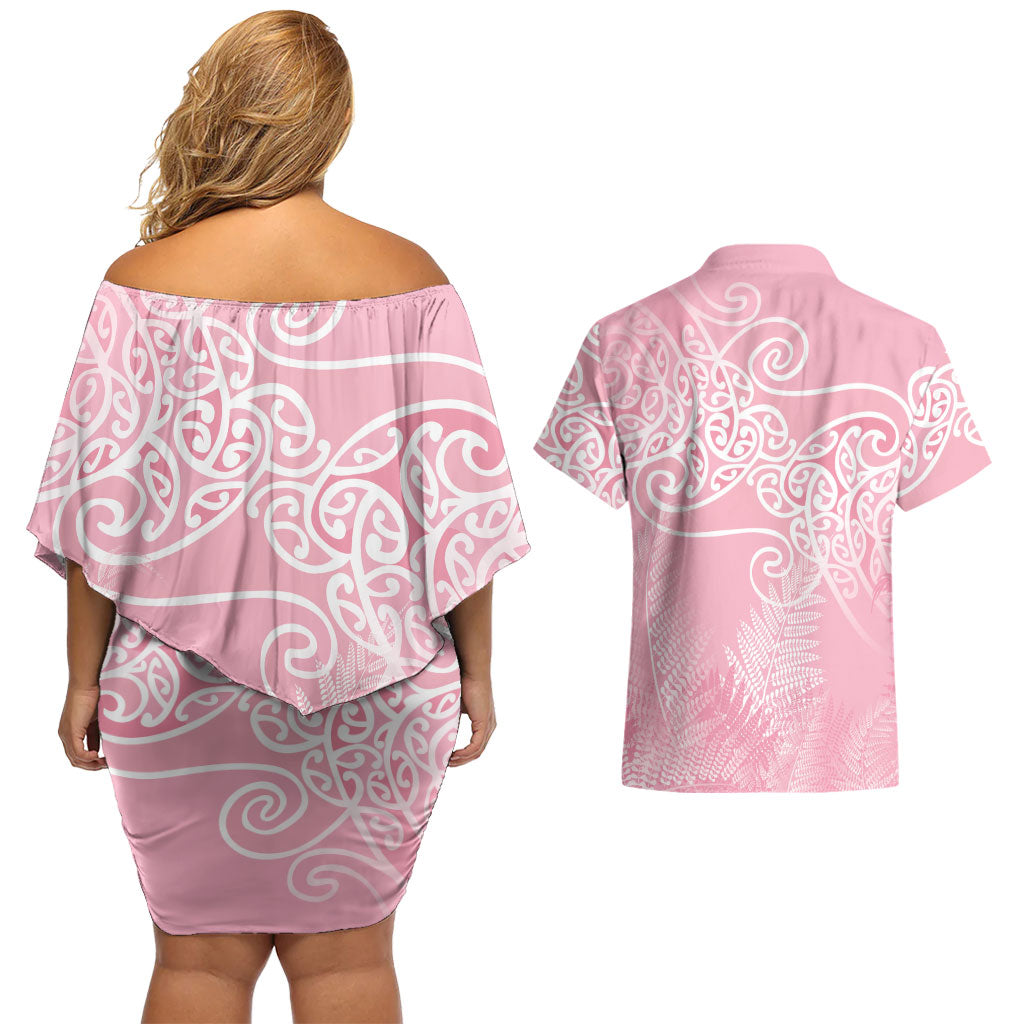 Aotearoa Maori Koru Curves Couples Matching Off Shoulder Short Dress and Hawaiian Shirt Silver Ferns - Rose Pink