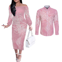 Aotearoa Maori Koru Curves Couples Matching Off The Shoulder Long Sleeve Dress and Long Sleeve Button Shirt Silver Ferns - Rose Pink