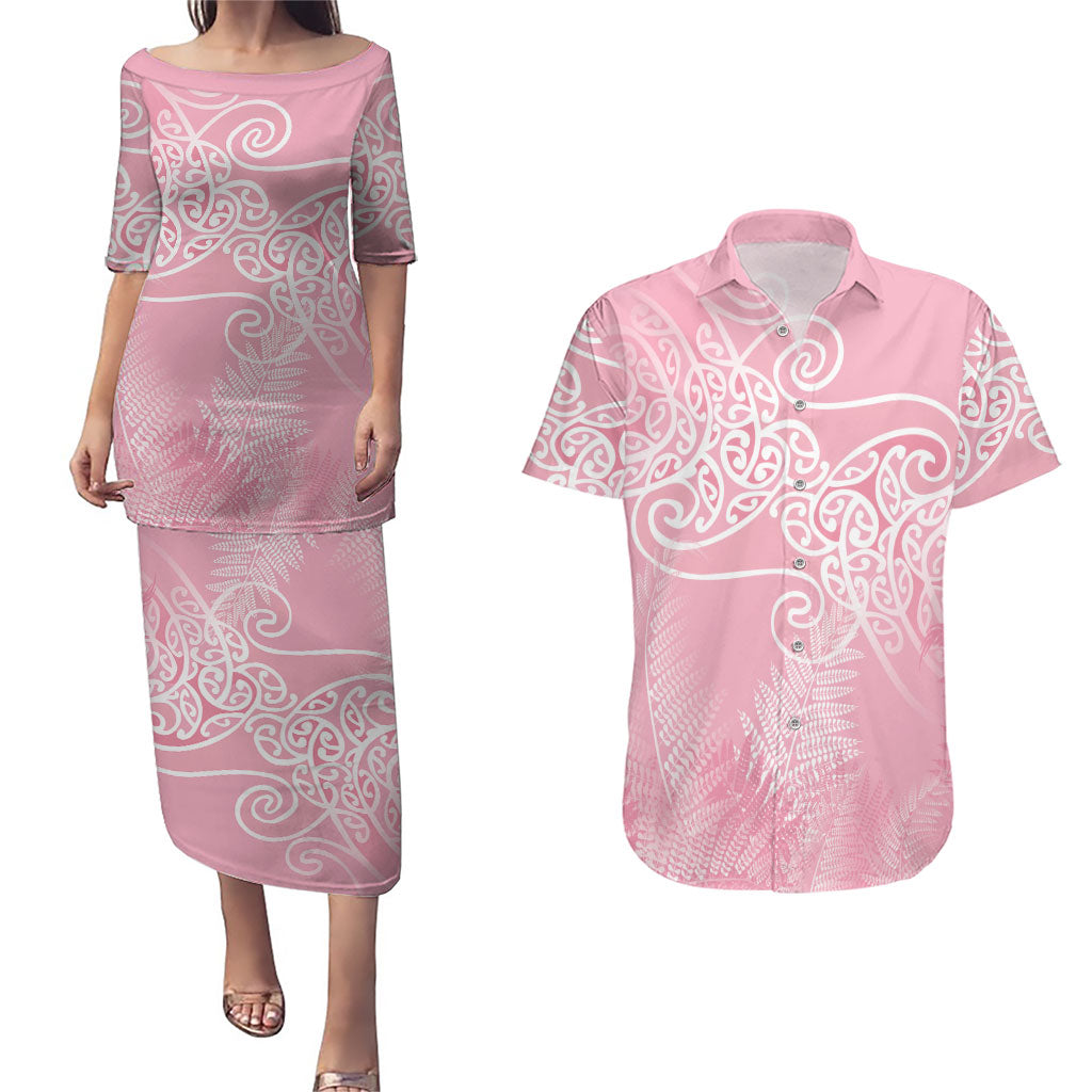 Aotearoa Maori Koru Curves Couples Matching Puletasi and Hawaiian Shirt Silver Ferns - Rose Pink