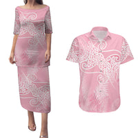 Aotearoa Maori Koru Curves Couples Matching Puletasi and Hawaiian Shirt Silver Ferns - Rose Pink