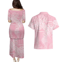 Aotearoa Maori Koru Curves Couples Matching Puletasi and Hawaiian Shirt Silver Ferns - Rose Pink