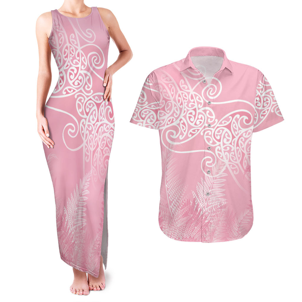 Aotearoa Maori Koru Curves Couples Matching Tank Maxi Dress and Hawaiian Shirt Silver Ferns - Rose Pink