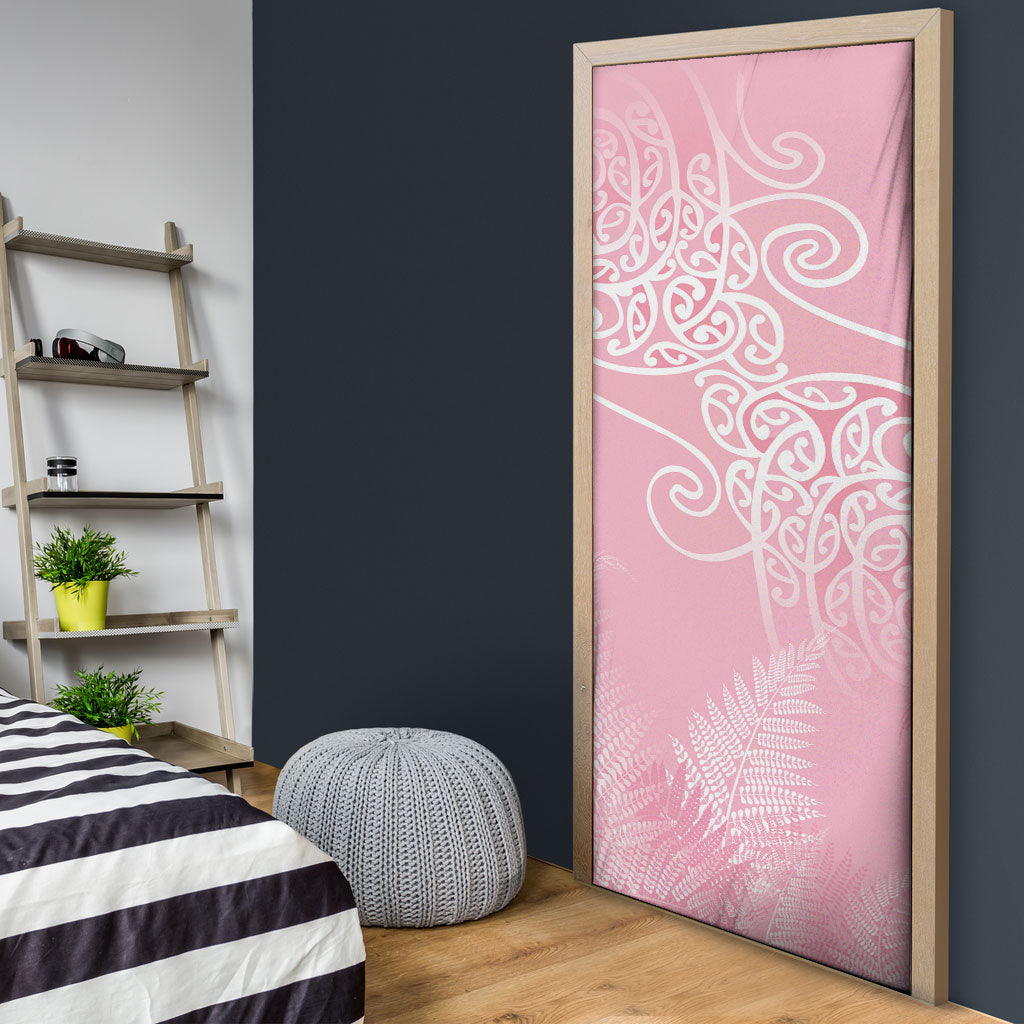 Aotearoa Maori Koru Curves Door Cover Silver Ferns - Rose Pink