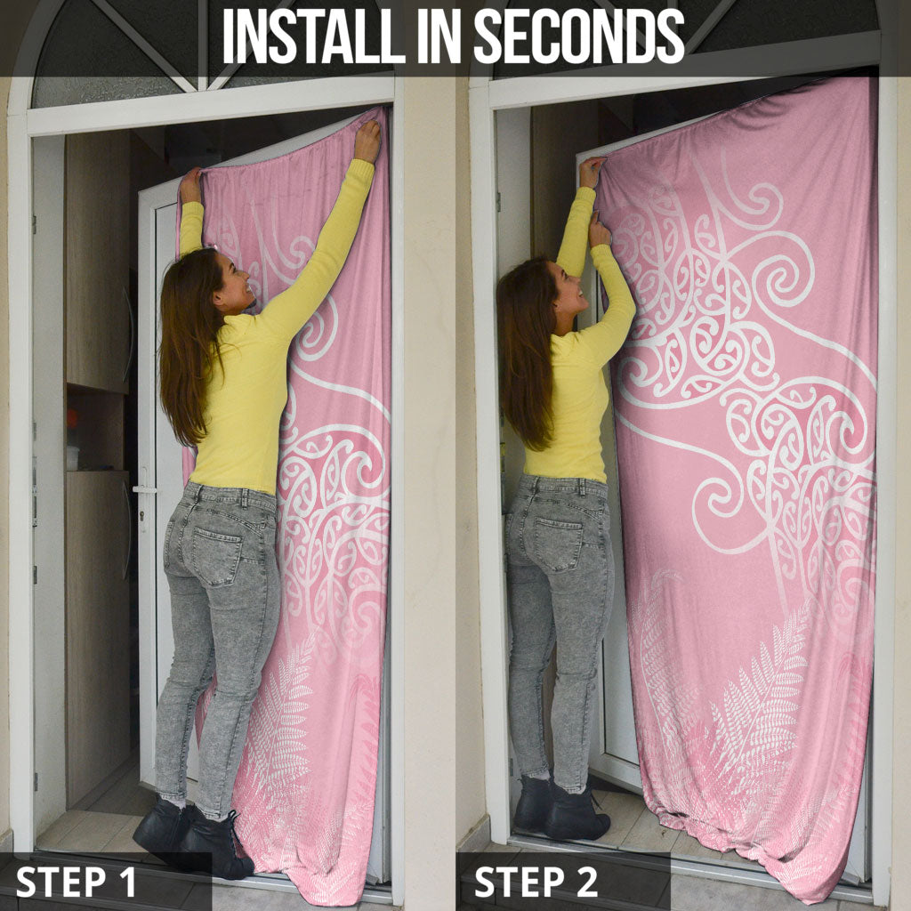 Aotearoa Maori Koru Curves Door Cover Silver Ferns - Rose Pink