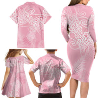 Aotearoa Maori Koru Curves Family Matching Long Sleeve Bodycon Dress and Hawaiian Shirt Silver Ferns - Rose Pink