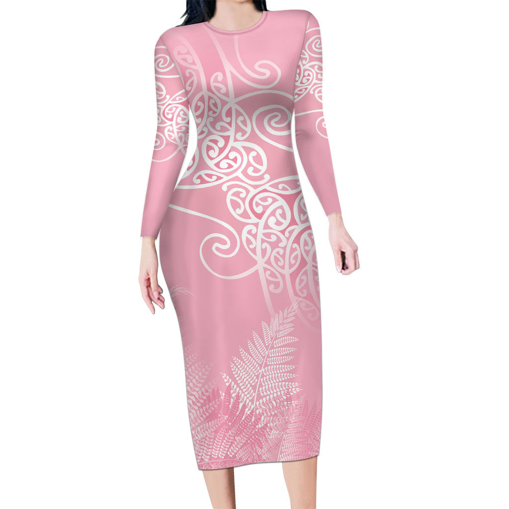 Aotearoa Maori Koru Curves Family Matching Long Sleeve Bodycon Dress and Hawaiian Shirt Silver Ferns - Rose Pink