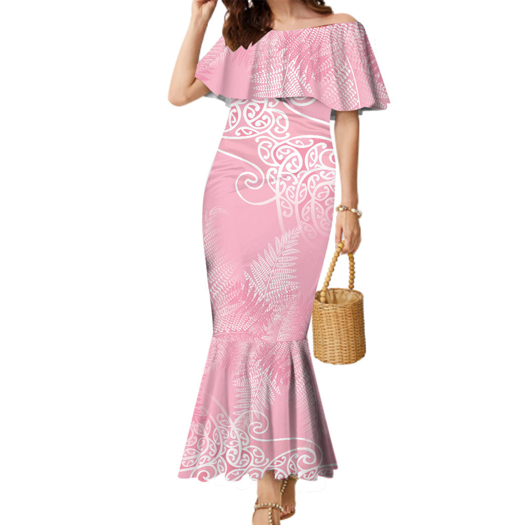 Aotearoa Maori Koru Curves Family Matching Mermaid Dress and Hawaiian Shirt Silver Ferns - Rose Pink