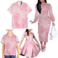 Aotearoa Maori Koru Curves Family Matching Off The Shoulder Long Sleeve Dress and Hawaiian Shirt Silver Ferns - Rose Pink