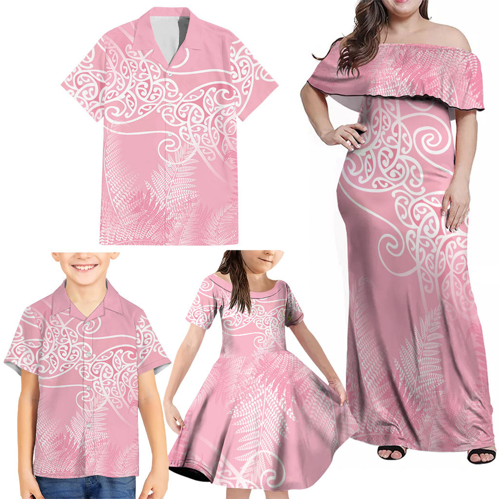 Aotearoa Maori Koru Curves Family Matching Off Shoulder Maxi Dress and Hawaiian Shirt Silver Ferns - Rose Pink LT7 - Polynesian Pride
