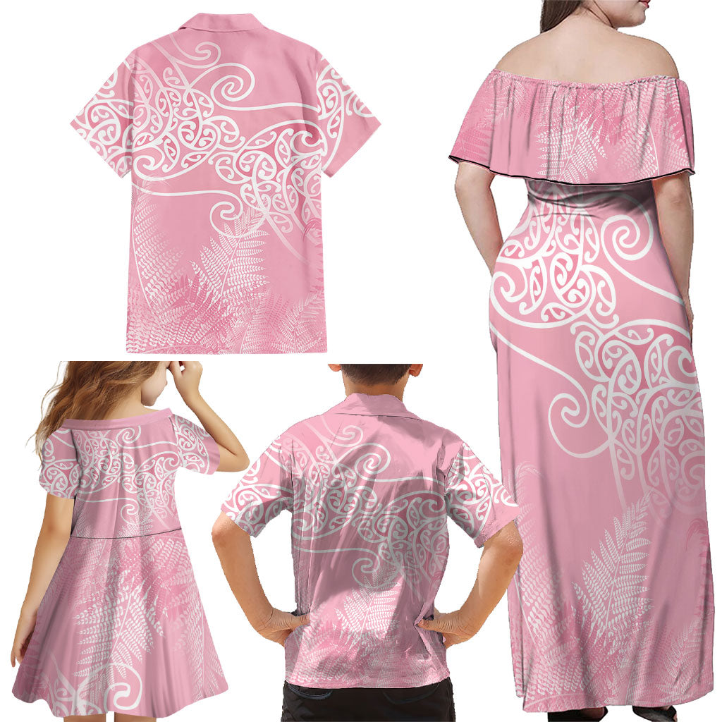 Aotearoa Maori Koru Curves Family Matching Off Shoulder Maxi Dress and Hawaiian Shirt Silver Ferns - Rose Pink LT7 - Polynesian Pride