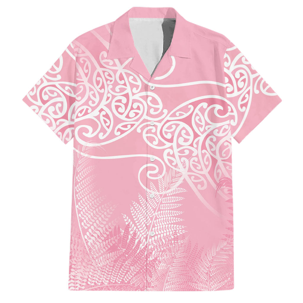 Aotearoa Maori Koru Curves Family Matching Off Shoulder Maxi Dress and Hawaiian Shirt Silver Ferns - Rose Pink LT7 Dad's Shirt - Short Sleeve Pink - Polynesian Pride