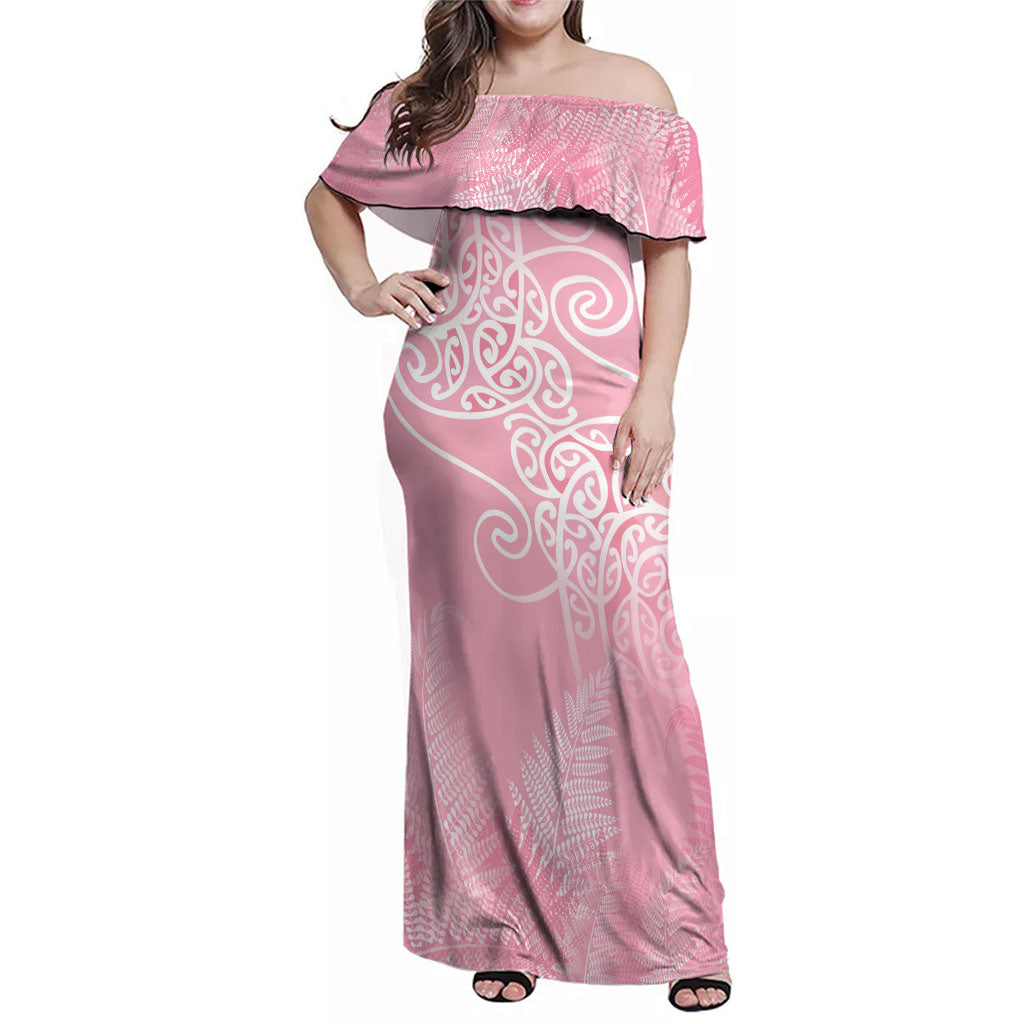 Aotearoa Maori Koru Curves Family Matching Off Shoulder Maxi Dress and Hawaiian Shirt Silver Ferns - Rose Pink LT7 Mom's Dress Pink - Polynesian Pride