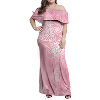 Aotearoa Maori Koru Curves Family Matching Off Shoulder Maxi Dress and Hawaiian Shirt Silver Ferns - Rose Pink LT7 Mom's Dress Pink - Polynesian Pride
