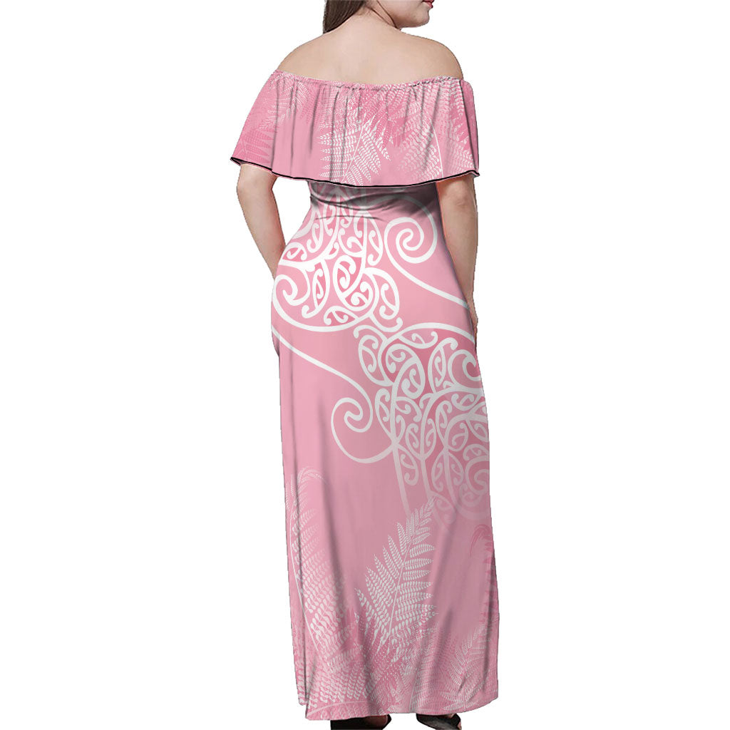 Aotearoa Maori Koru Curves Family Matching Off Shoulder Maxi Dress and Hawaiian Shirt Silver Ferns - Rose Pink LT7 - Polynesian Pride