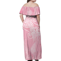 Aotearoa Maori Koru Curves Family Matching Off Shoulder Maxi Dress and Hawaiian Shirt Silver Ferns - Rose Pink LT7 - Polynesian Pride
