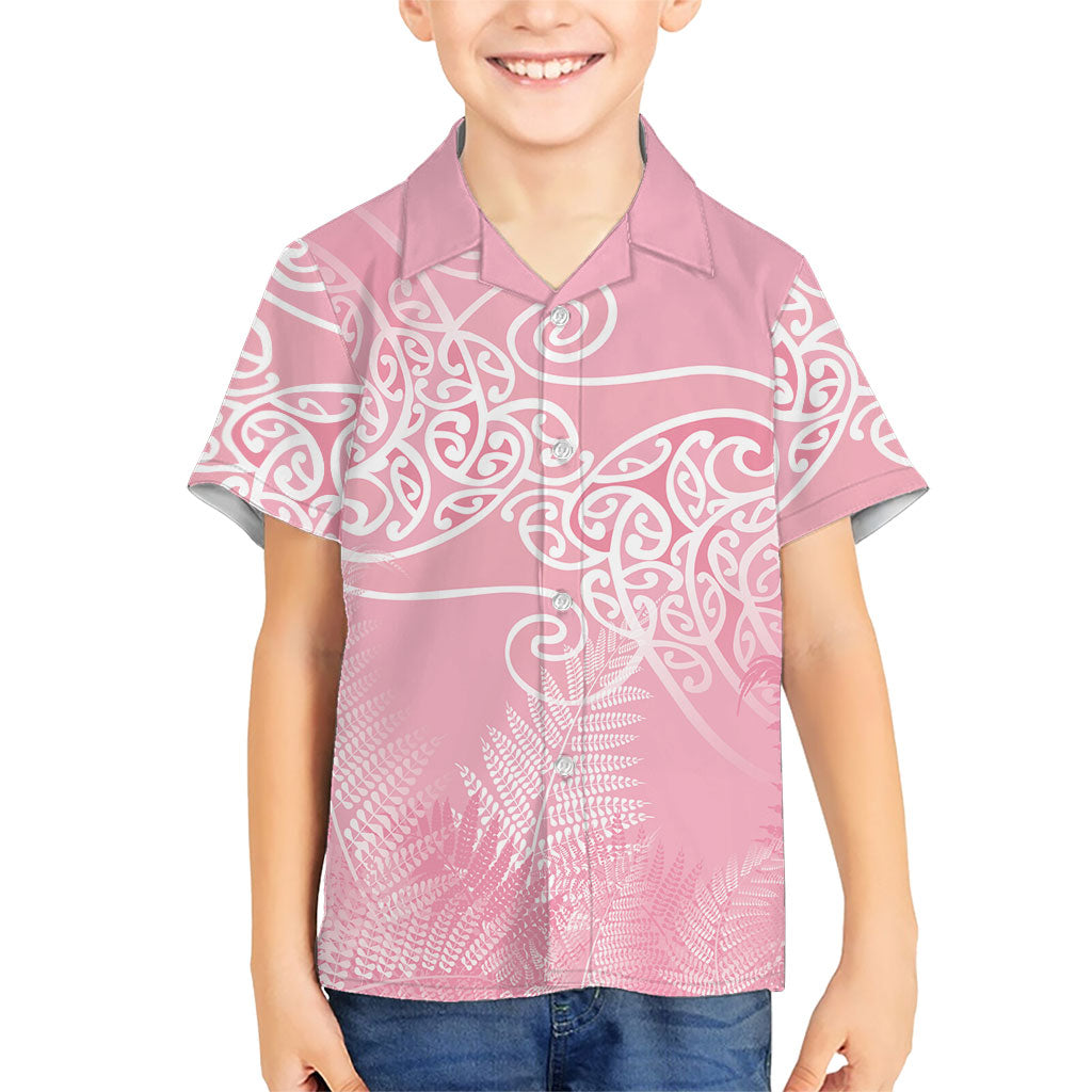 Aotearoa Maori Koru Curves Family Matching Off Shoulder Maxi Dress and Hawaiian Shirt Silver Ferns - Rose Pink LT7 Son's Shirt Pink - Polynesian Pride