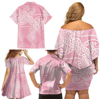 Aotearoa Maori Koru Curves Family Matching Off Shoulder Short Dress and Hawaiian Shirt Silver Ferns - Rose Pink