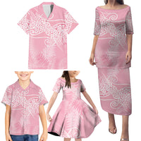 Aotearoa Maori Koru Curves Family Matching Puletasi and Hawaiian Shirt Silver Ferns - Rose Pink