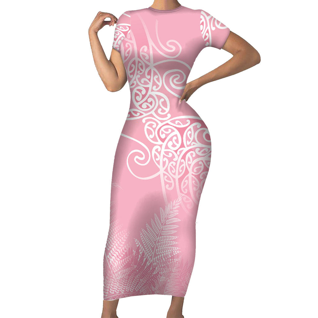 Aotearoa Maori Koru Curves Family Matching Short Sleeve Bodycon Dress and Hawaiian Shirt Silver Ferns - Rose Pink