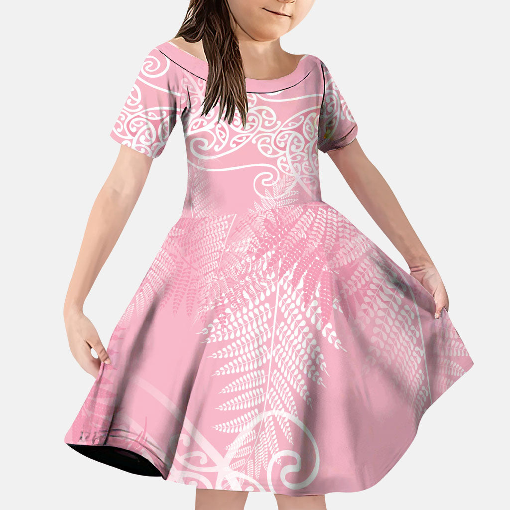 Aotearoa Maori Koru Curves Family Matching Summer Maxi Dress and Hawaiian Shirt Silver Ferns - Rose Pink LT7 Daughter's Dress Pink - Polynesian Pride