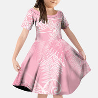Aotearoa Maori Koru Curves Family Matching Summer Maxi Dress and Hawaiian Shirt Silver Ferns - Rose Pink LT7 Daughter's Dress Pink - Polynesian Pride