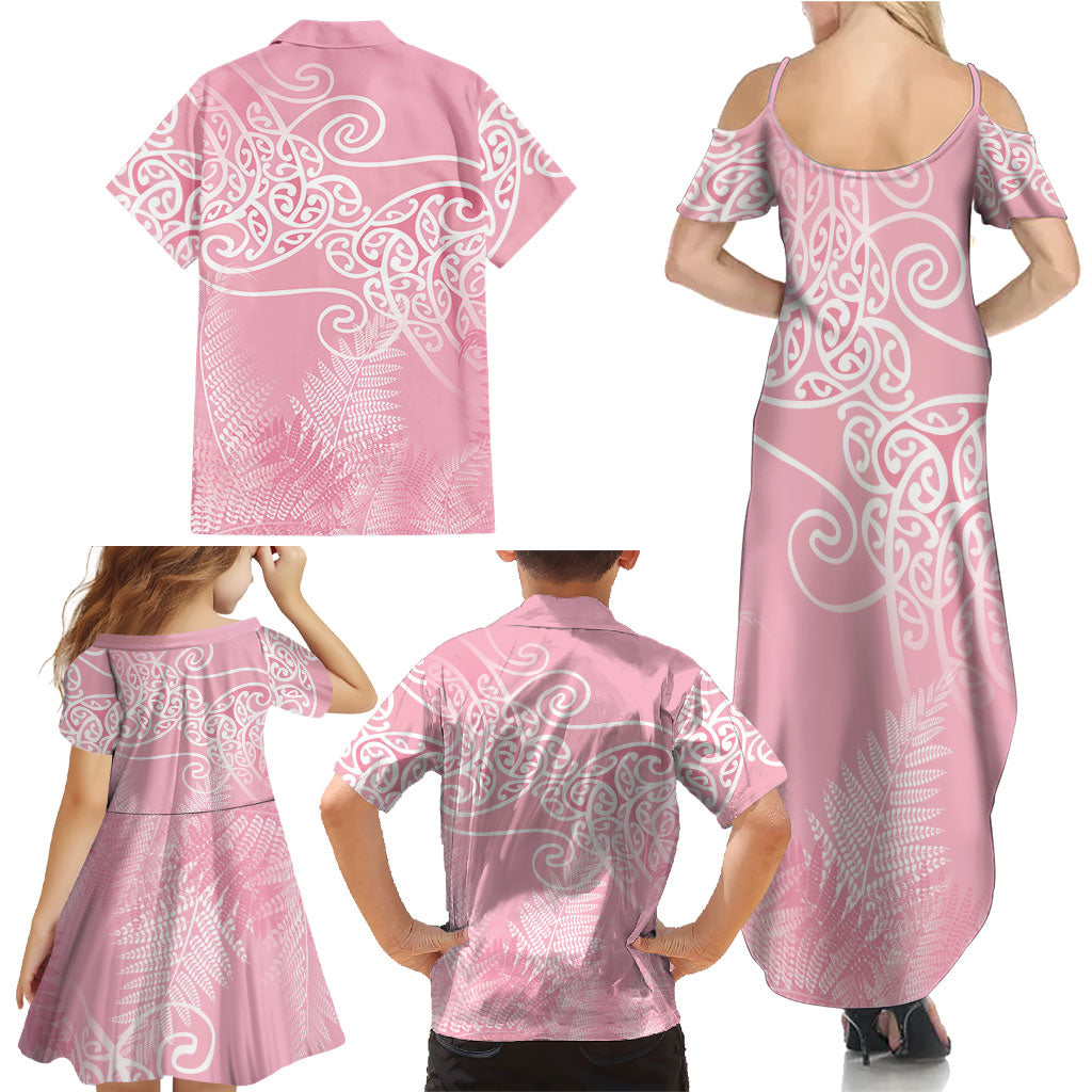 Aotearoa Maori Koru Curves Family Matching Summer Maxi Dress and Hawaiian Shirt Silver Ferns - Rose Pink LT7 - Polynesian Pride