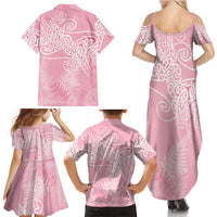 Aotearoa Maori Koru Curves Family Matching Summer Maxi Dress and Hawaiian Shirt Silver Ferns - Rose Pink LT7 - Polynesian Pride