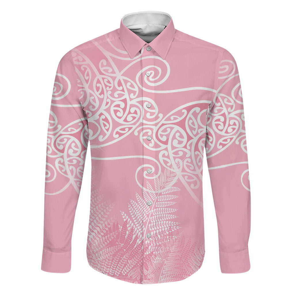 Aotearoa Maori Koru Curves Family Matching Summer Maxi Dress and Hawaiian Shirt Silver Ferns - Rose Pink LT7 Dad's Shirt - Long Sleeve Pink - Polynesian Pride