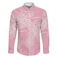 Aotearoa Maori Koru Curves Family Matching Summer Maxi Dress and Hawaiian Shirt Silver Ferns - Rose Pink LT7 Dad's Shirt - Long Sleeve Pink - Polynesian Pride