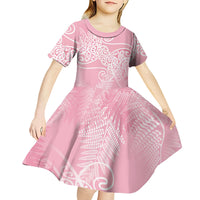 Aotearoa Maori Koru Curves Kid Short Sleeve Dress Silver Ferns - Rose Pink
