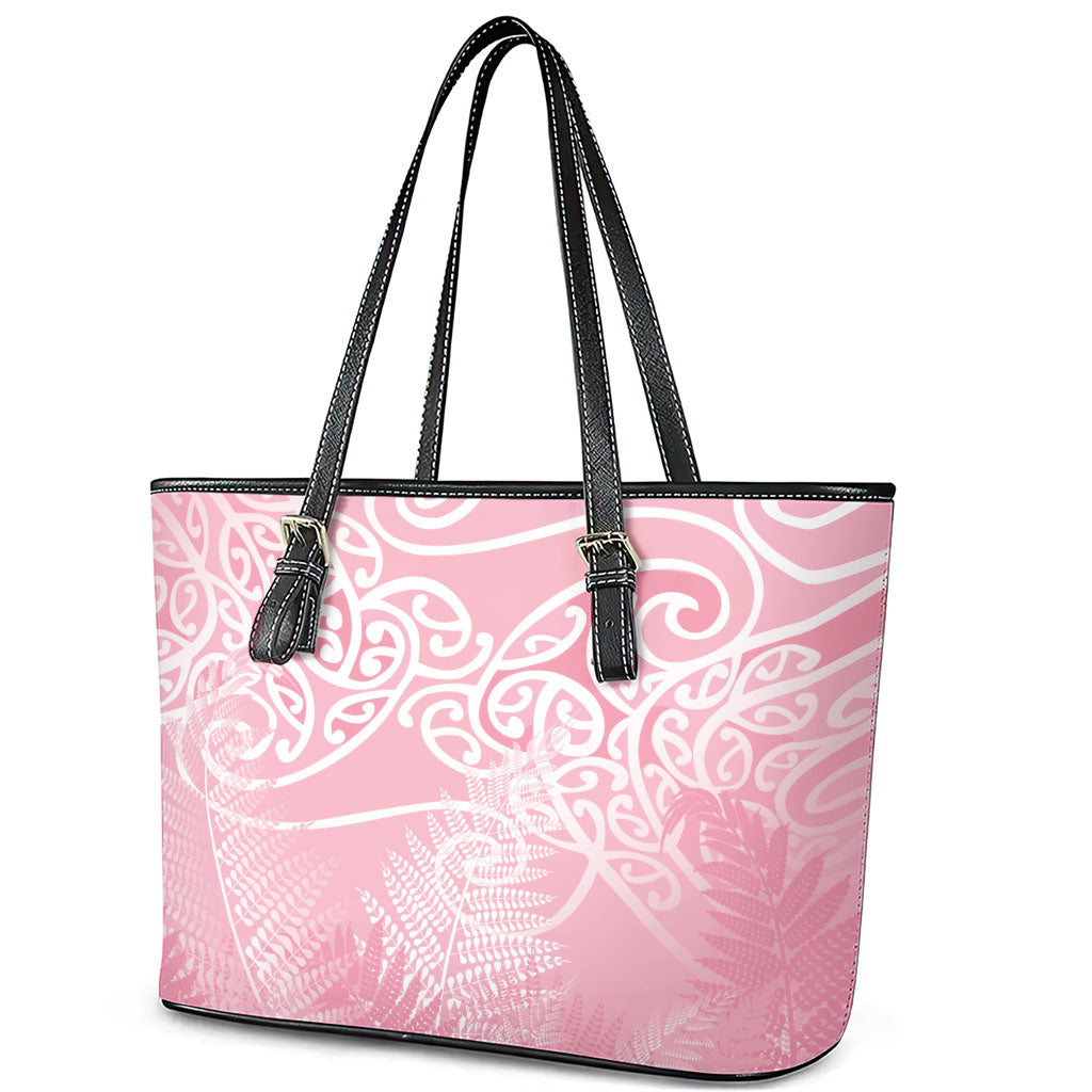 Aotearoa Maori Koru Curves Leather Tote Bag Silver Ferns - Rose Pink LT7 - Polynesian Pride