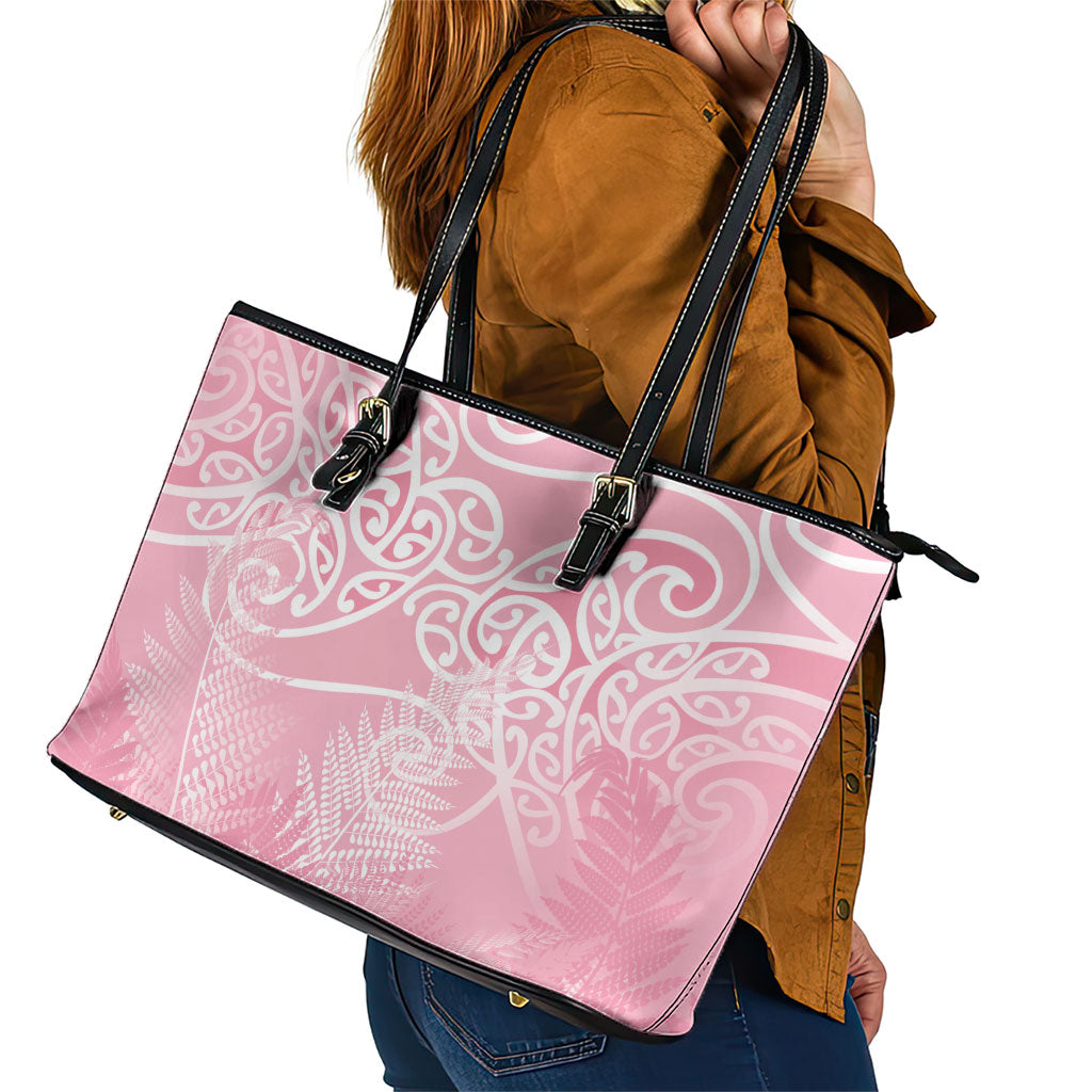 Aotearoa Maori Koru Curves Leather Tote Bag Silver Ferns - Rose Pink LT7 - Polynesian Pride