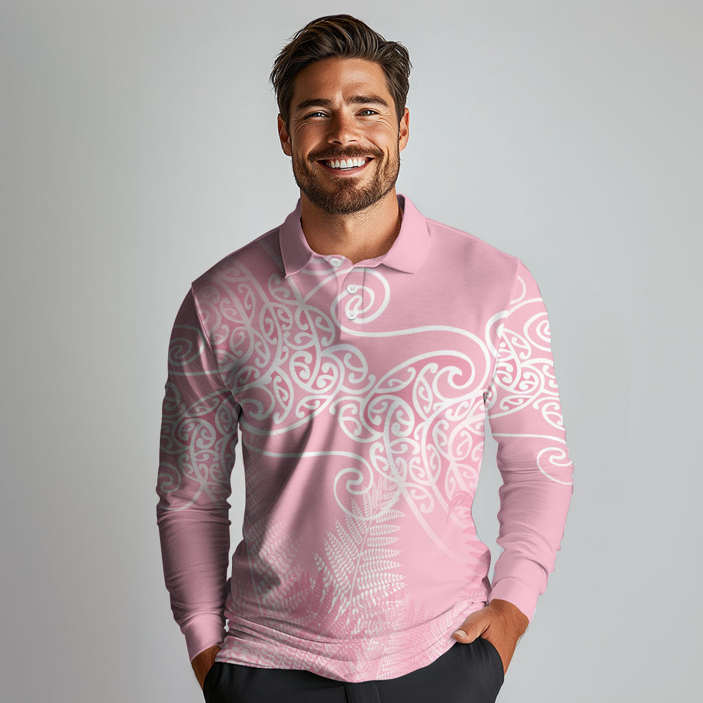 Aotearoa Maori Koru Curves Long Sleeve Polo Shirt Silver Ferns - Rose Pink