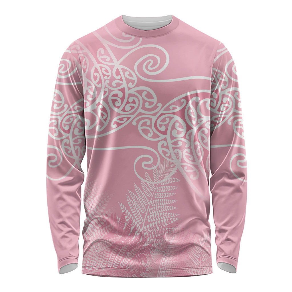 Aotearoa Maori Koru Curves Long Sleeve Shirt Silver Ferns - Rose Pink LT7 Unisex Pink - Polynesian Pride