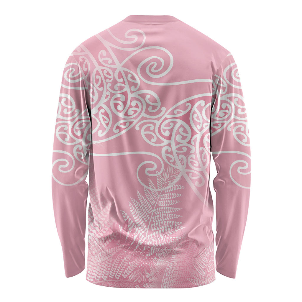 Aotearoa Maori Koru Curves Long Sleeve Shirt Silver Ferns - Rose Pink LT7 - Polynesian Pride