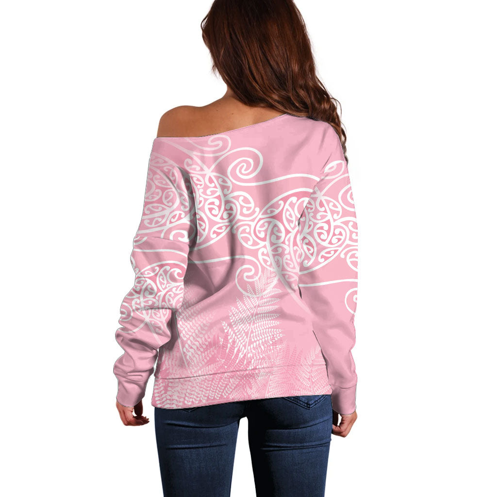 Aotearoa Maori Koru Curves Off Shoulder Sweater Silver Ferns - Rose Pink LT7 - Polynesian Pride
