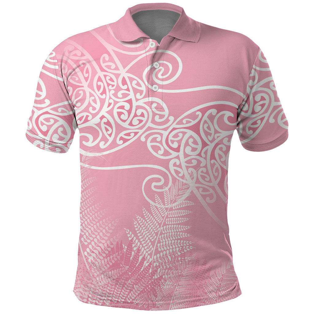 Aotearoa Maori Koru Curves Polo Shirt Silver Ferns - Rose Pink LT7 Pink - Polynesian Pride