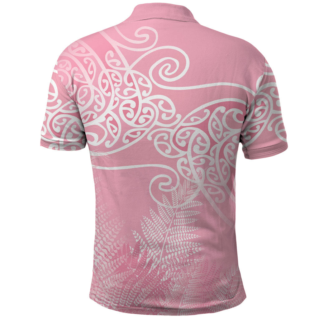 Aotearoa Maori Koru Curves Polo Shirt Silver Ferns - Rose Pink LT7 - Polynesian Pride