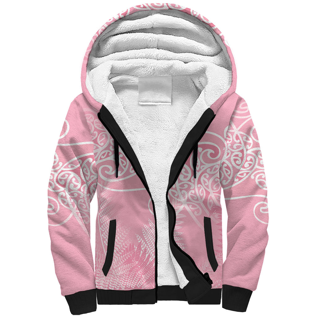 Aotearoa Maori Koru Curves Sherpa Hoodie Silver Ferns - Rose Pink