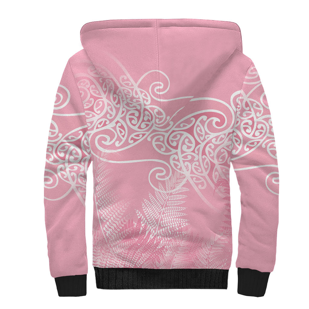 Aotearoa Maori Koru Curves Sherpa Hoodie Silver Ferns - Rose Pink