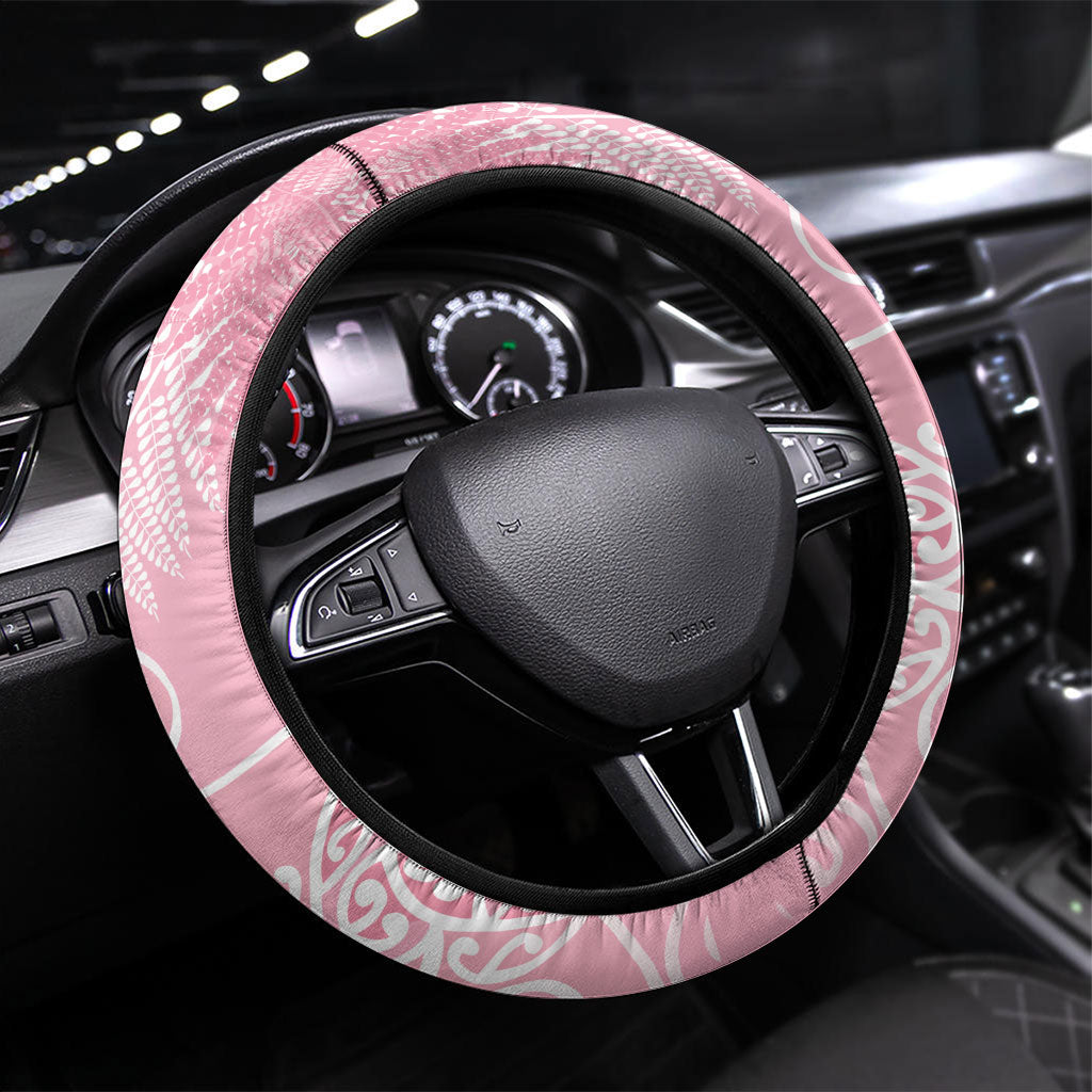 Aotearoa Maori Koru Curves Steering Wheel Cover Silver Ferns - Rose Pink