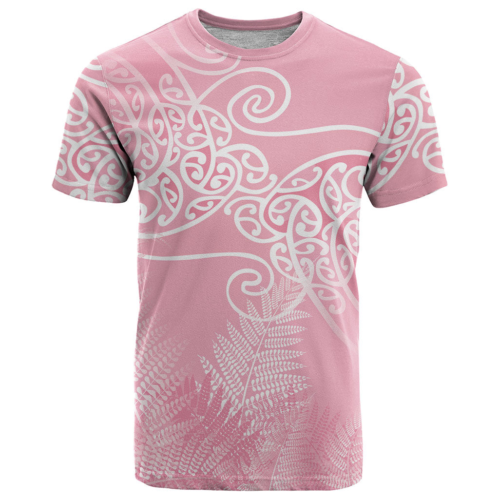 Aotearoa Maori Koru Curves T Shirt Silver Ferns - Rose Pink LT7 Pink - Polynesian Pride