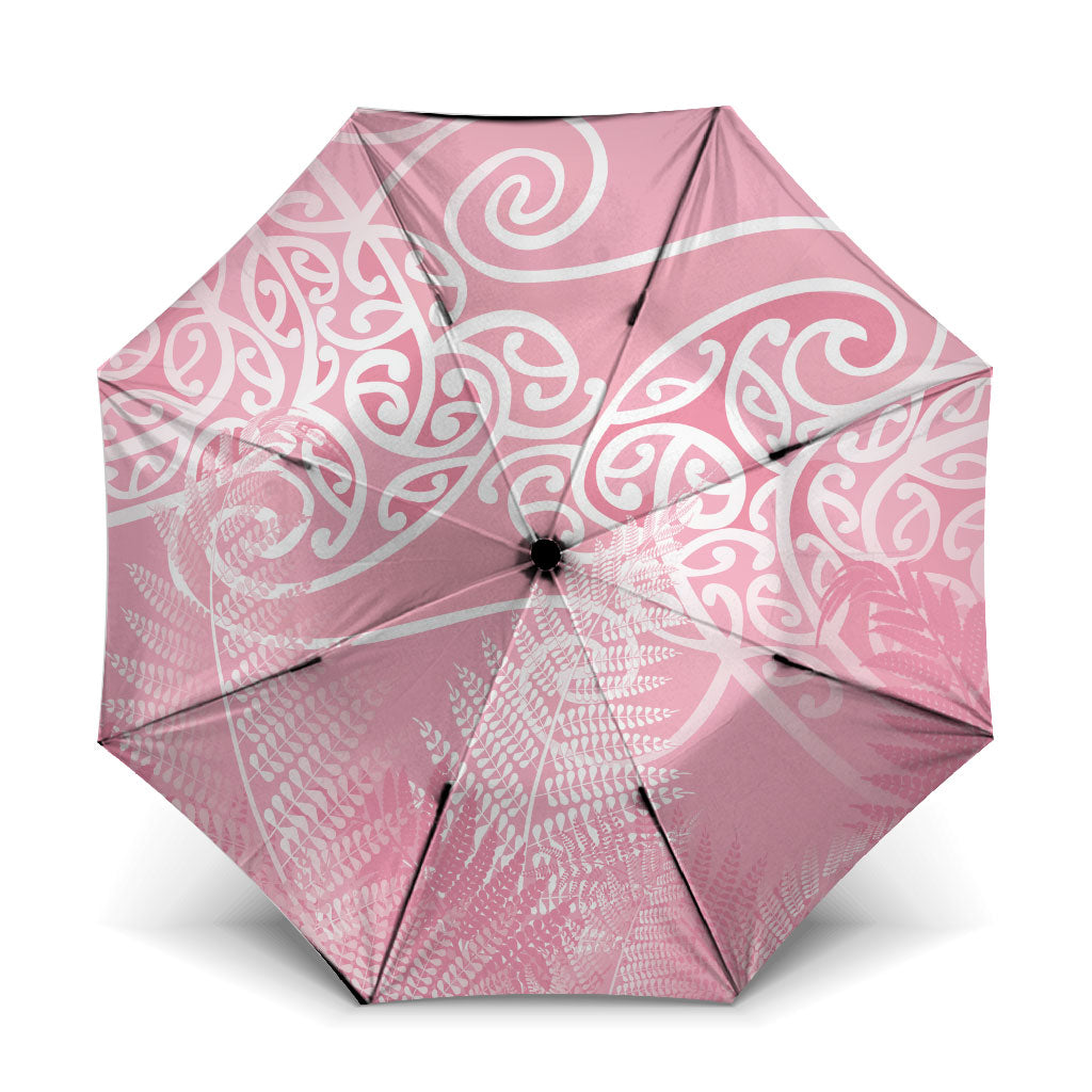 Aotearoa Maori Koru Curves Umbrella Silver Ferns - Rose Pink