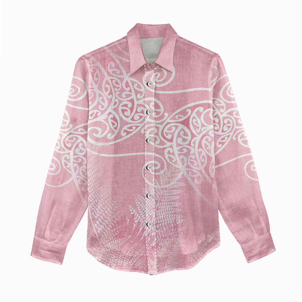 Aotearoa Maori Koru Curves Women Casual Shirt Silver Ferns - Rose Pink LT7 - Polynesian Pride